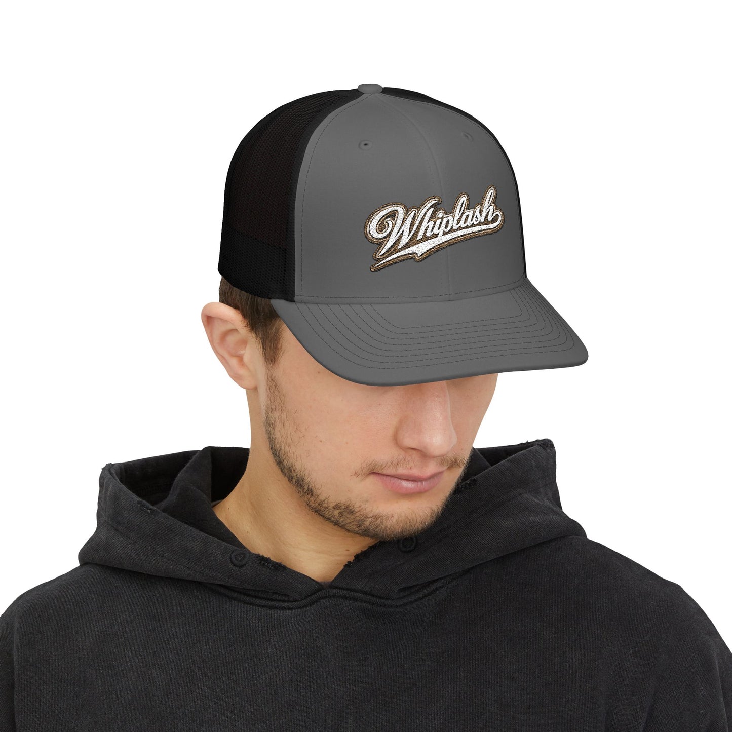 Whiplash Script Snapback Trucker Cap — Retro Baseball Mesh Hat