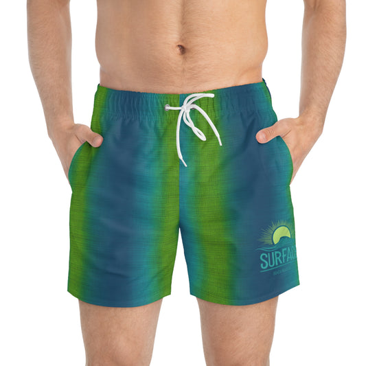 Men's Sunset Surf Logo Swim Trunks - Blue Green Ombre All-Over Print