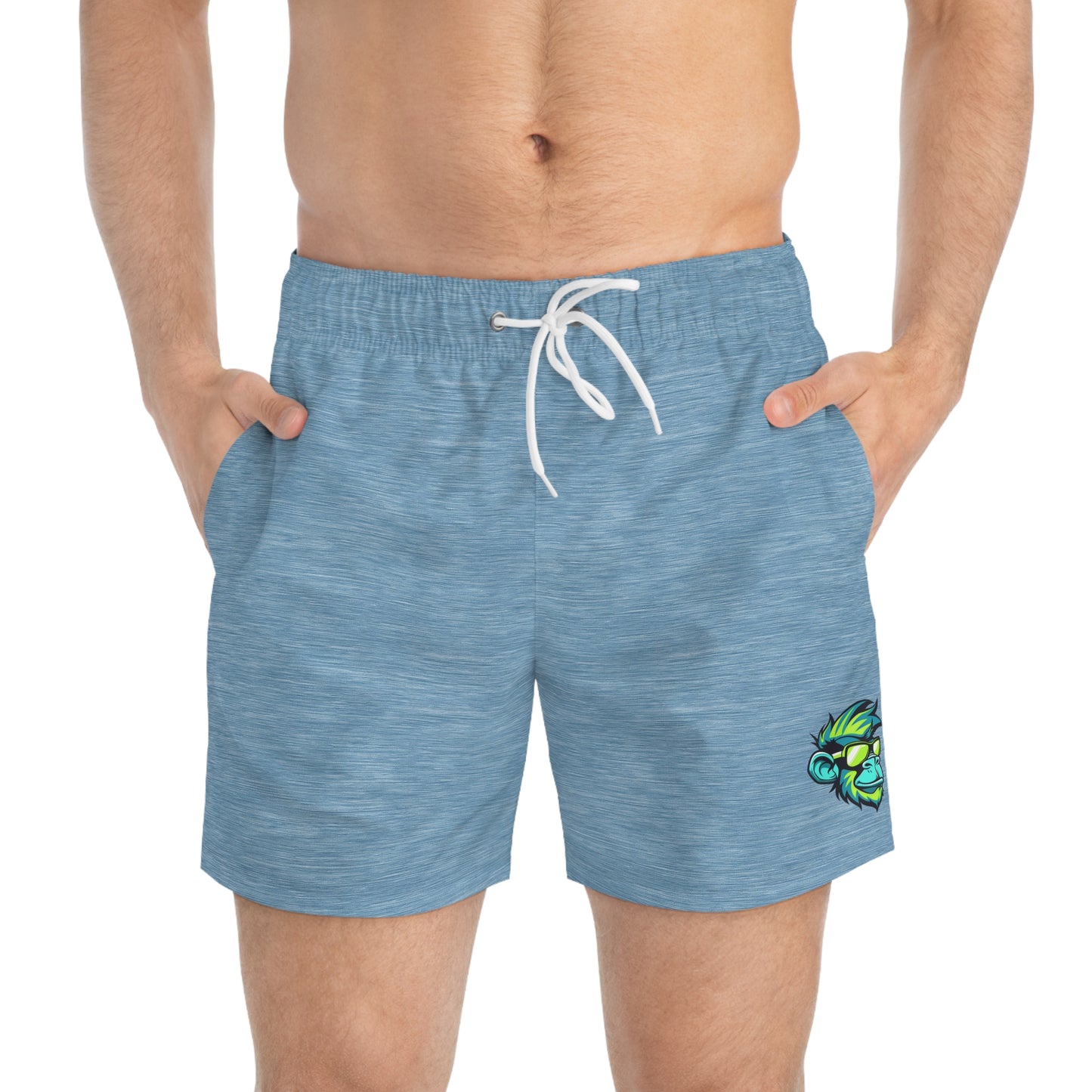 Blue Heather Swim Trunks with Tropical Parrot Patch — Men's Beach Swim Shorts