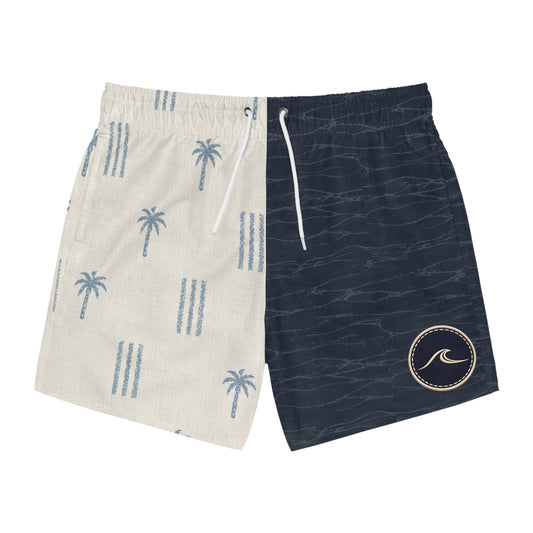 Surfache Split Palm-Stripe Swim Trunks — Retro Navy & Sand All-Over Print