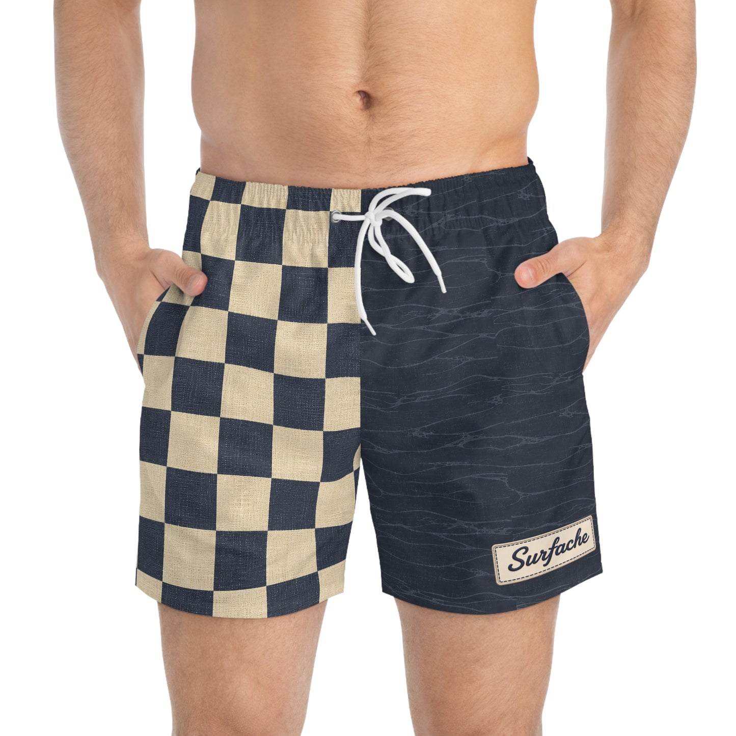 Surfache Club Checkerboard Split Swim Trunks — Retro Surf Logo Swim Shorts