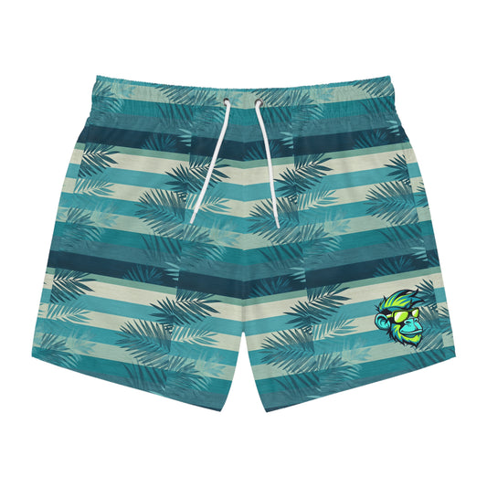 Tropical Palm Stripe Swim Trunks — Teal All-Over Print with Surf Monkey Accent