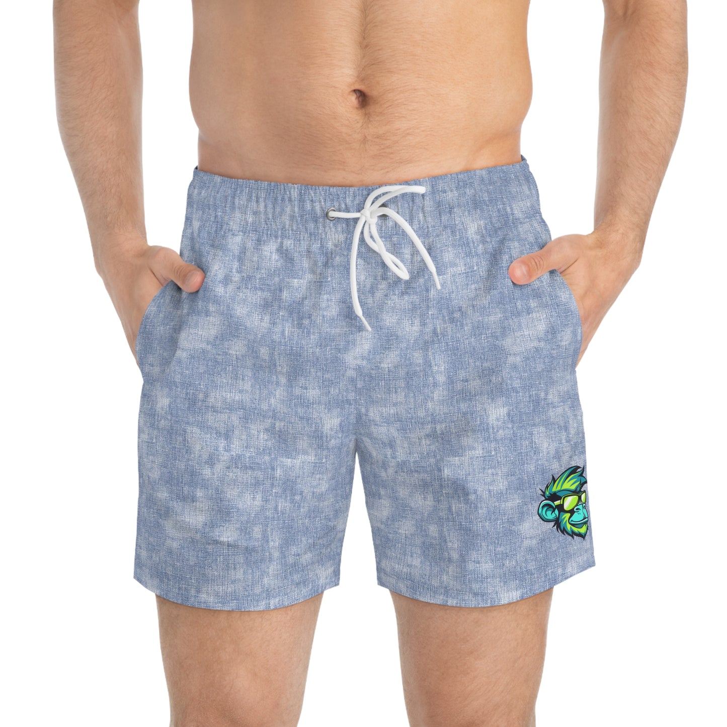Blue Tie-Dye Swim Trunks with Neon Surf Fish Accent
