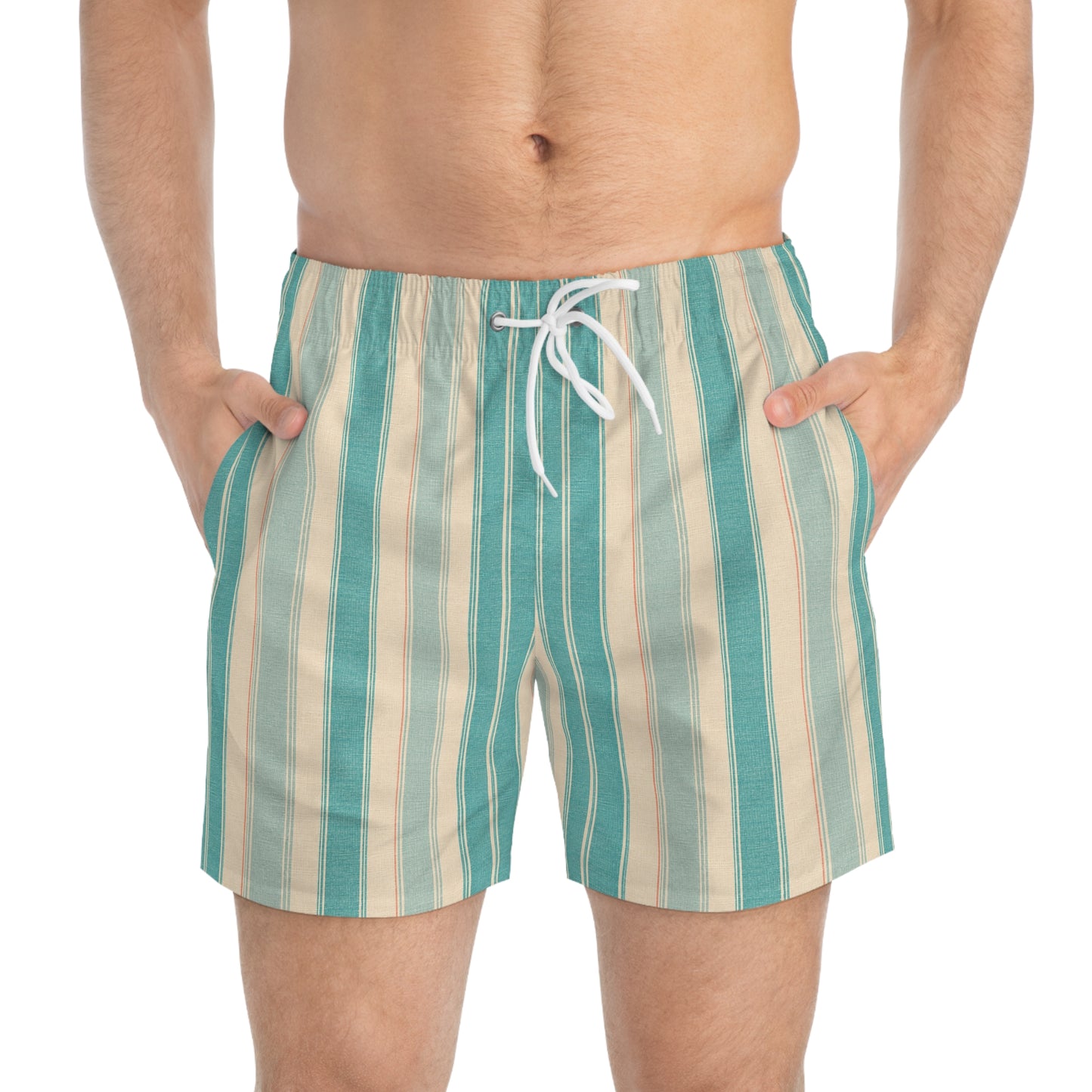Aqua Beach Stripe Swim Trunks — Retro Teal & Cream Men's Swim Shorts