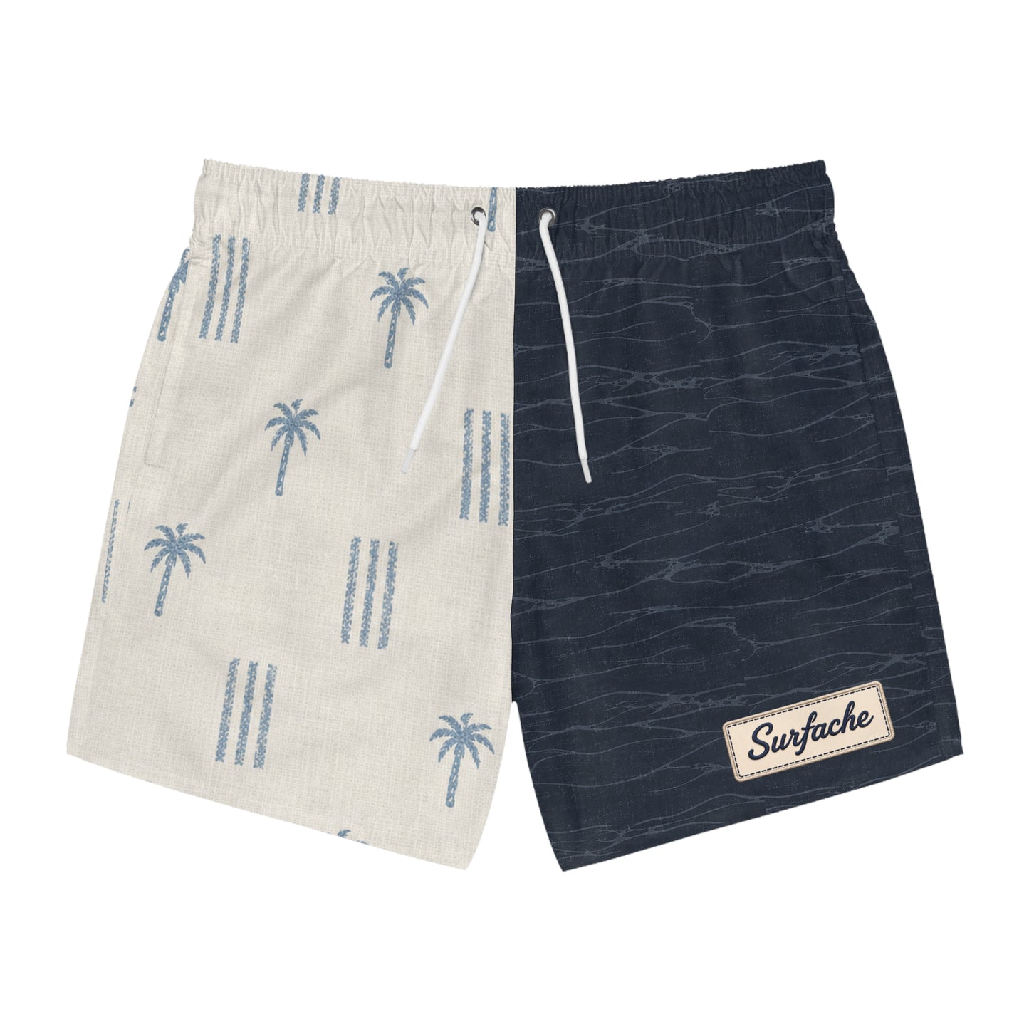 Surfache Split Palm-Stripe Swim Trunks — Retro Navy & Sand All-Over Print