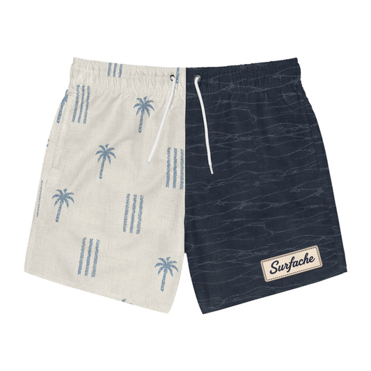 Surfache Split Palm-Stripe Swim Trunks — Retro Navy & Sand All-Over Print
