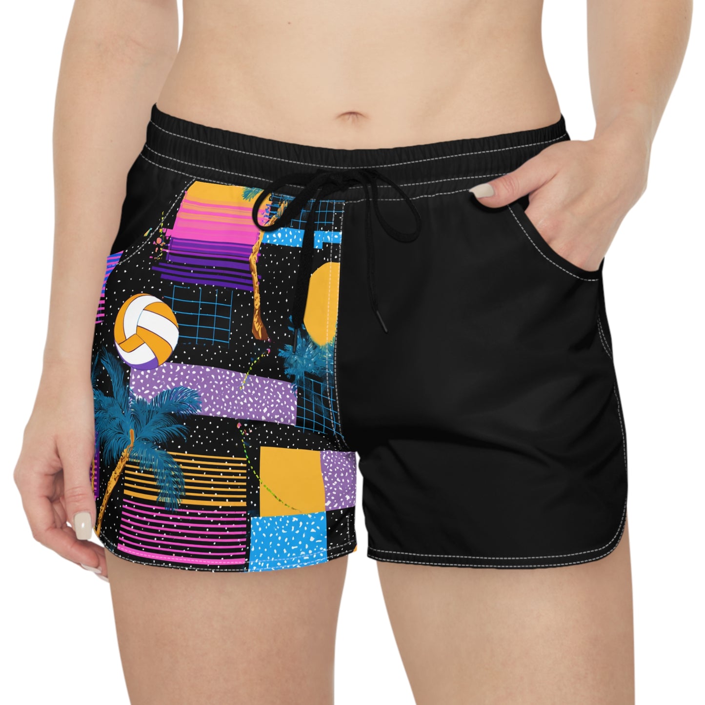 Retro Beach Volleyball Women's Casual Shorts — Neon Palm Sunset AOP